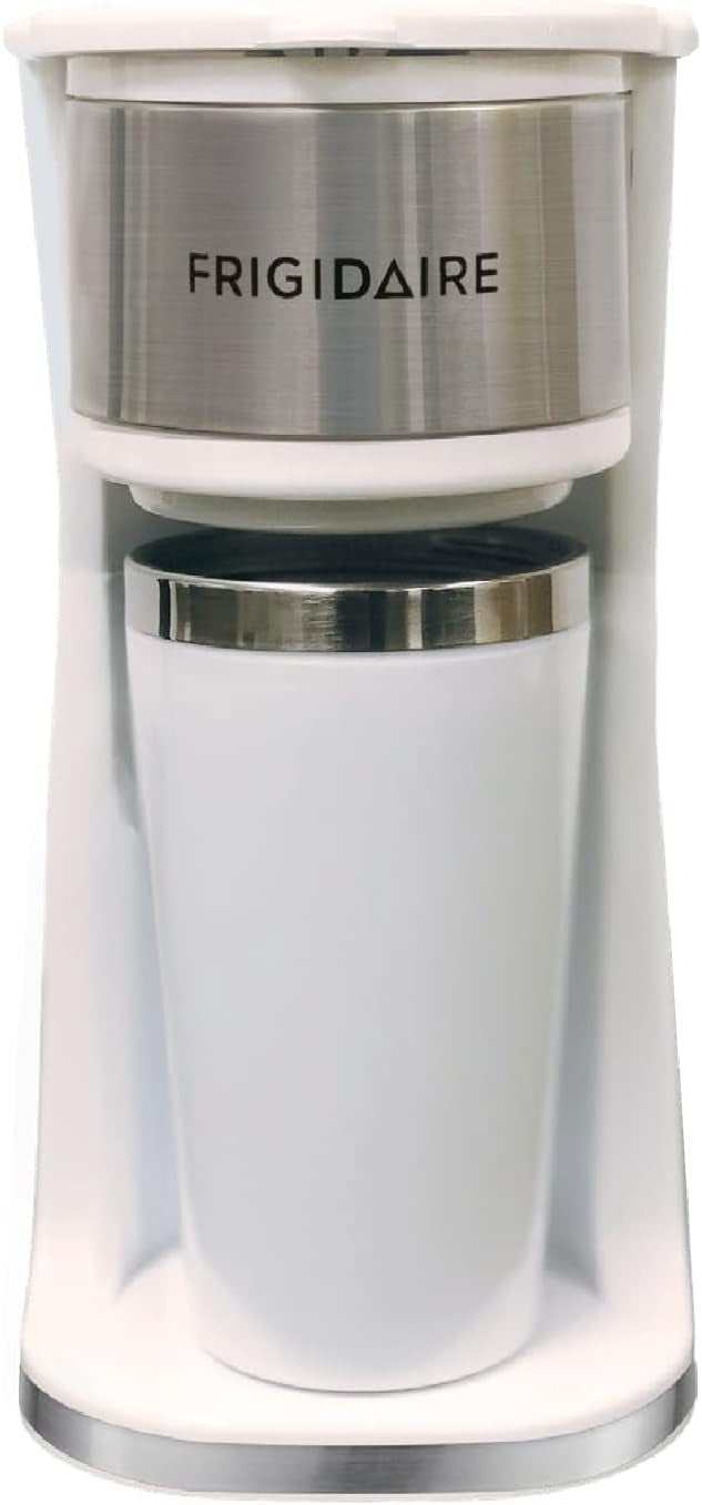 Frigidaire Stainless Steel Coffee Maker Single Cup With Insulted Travel Mug ECMK095 with 420ml Capacity White