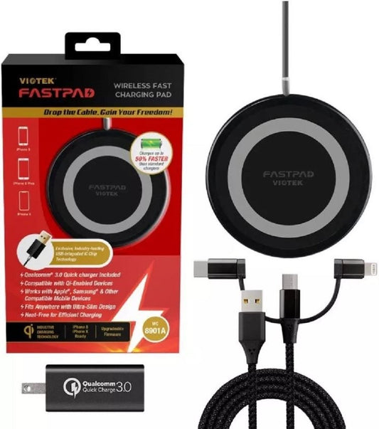 FASTPAD UltraSlim Qi Wireless Charger Charging Pad with QC 3.0 Adapter includes 3 in 1 (USB-C, Micro-USB) Cable WC8901A-2