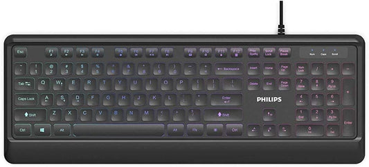 PHILIPS Ultra-Slim USB Keyboard | Low-Profile Full-Sized Wired PC Keyboard | RGB Backlit Chiclet Keys | Anti-Aliasing, N-Key Rollover, Win-Lock SPK8294
