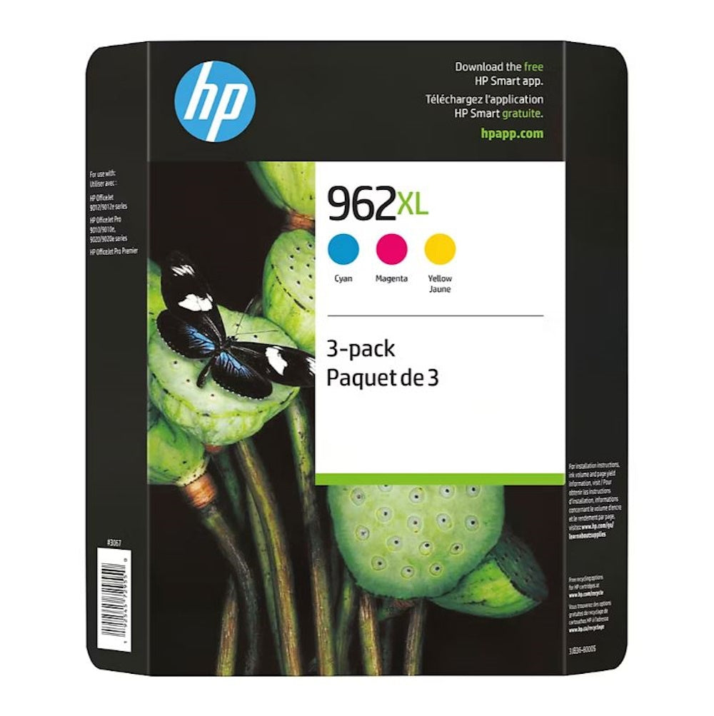 HP 962XL 3 pk. High-Yield Ink Cartridge Cyan, Magenta and Yellow Instant Ink Eligible 3JB36BN