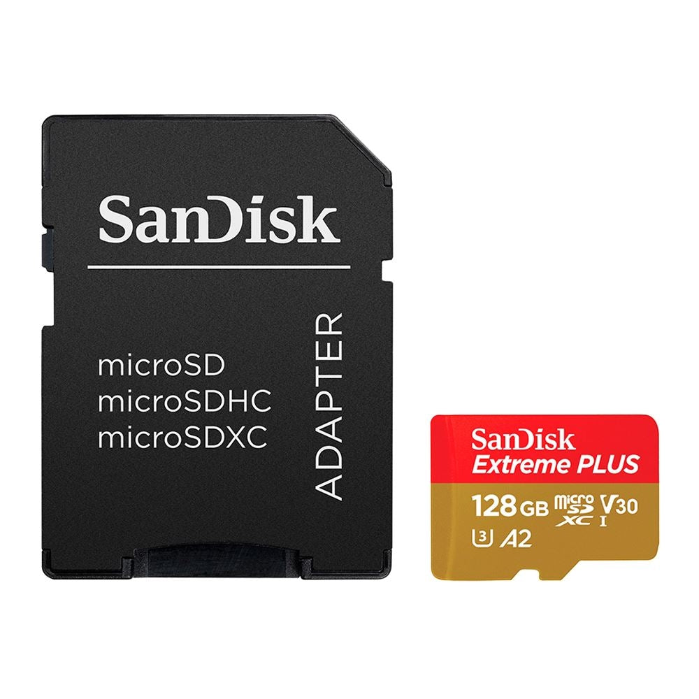 Sandisk 128GB Extreme PLUS microSDXC Class 10 A2 UHS-3 V30 Flash Memory Card with Adapter SDSQXBD-128G