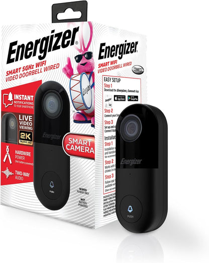 Energizer Connect Smart 2K 5GHz Wired Video Doorbell 2-Way Audio, Night Vision, Instant Motion Sensor, Live Viewing EOD1-1002-2KB