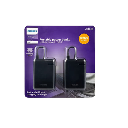 Philips Battery Pack, 1 USB-C, 15W, 1 Tethered USB-C Cable, 10000mAh, BLK 2 pack DLP3853B/37