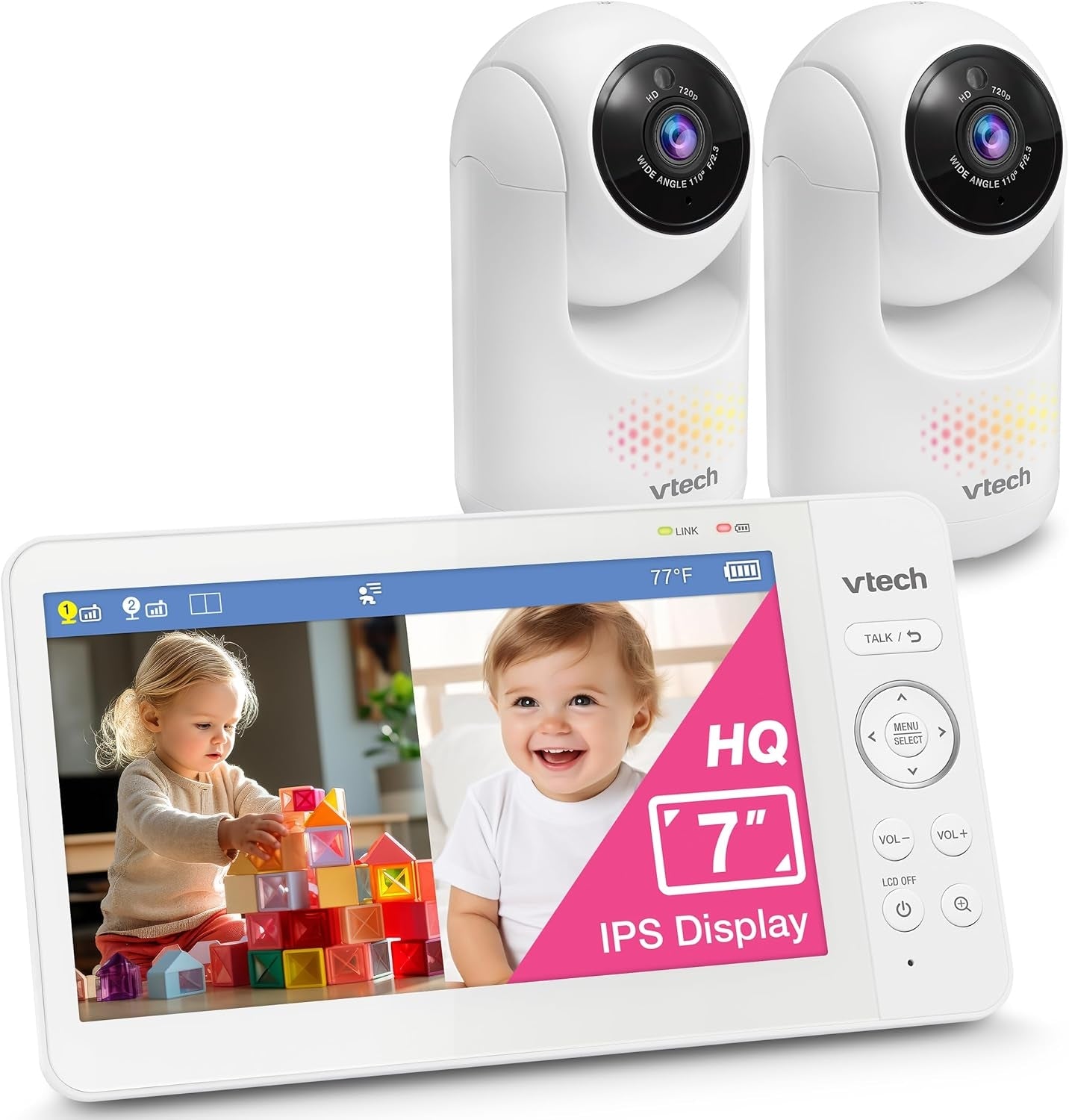 VTech Baby Monitor No Wi-Fi, 2 Cameras, 7" IPS Split Screen, 5000mAh 12Hr Battery, 360° PTZ, 4X Zoom, Night Vision