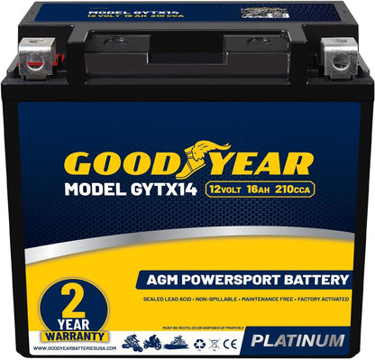 Goodyear GYTX14-12 Volt 16 AH, 210 CCA, Rechargeable High-Performance, Maintenance Free, SLA - AGM Battery for Motorcycle