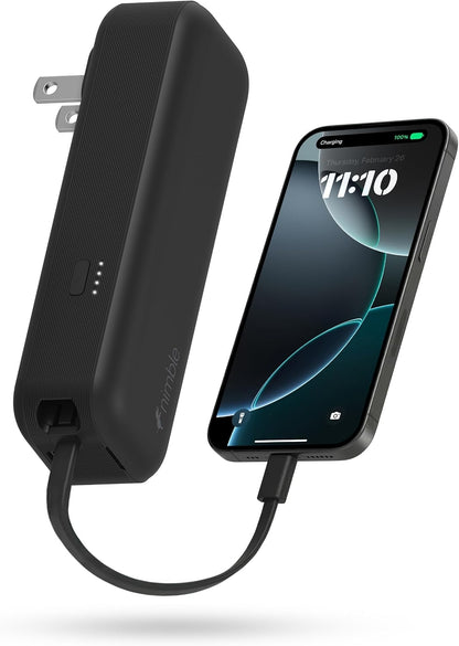 Nimble Wally Pro 20, 2-in-1 Portable Wall Charger + 5,000mAh Power Bank with Foldable Plug, Built-in USB-C Cable