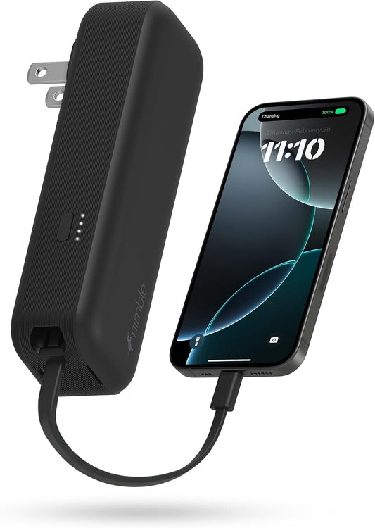 Nimble Wally Pro 20, 2-in-1 Portable Wall Charger + 5,000mAh Power Bank with Foldable Plug, Built-in USB-C Cable