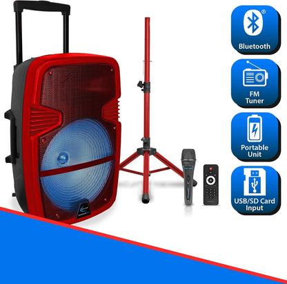 Technical Pro Red 15" Rechargeable Bluetooth LED Loudspeaker Package with Tripod & Microphone PARTY15RPKG2