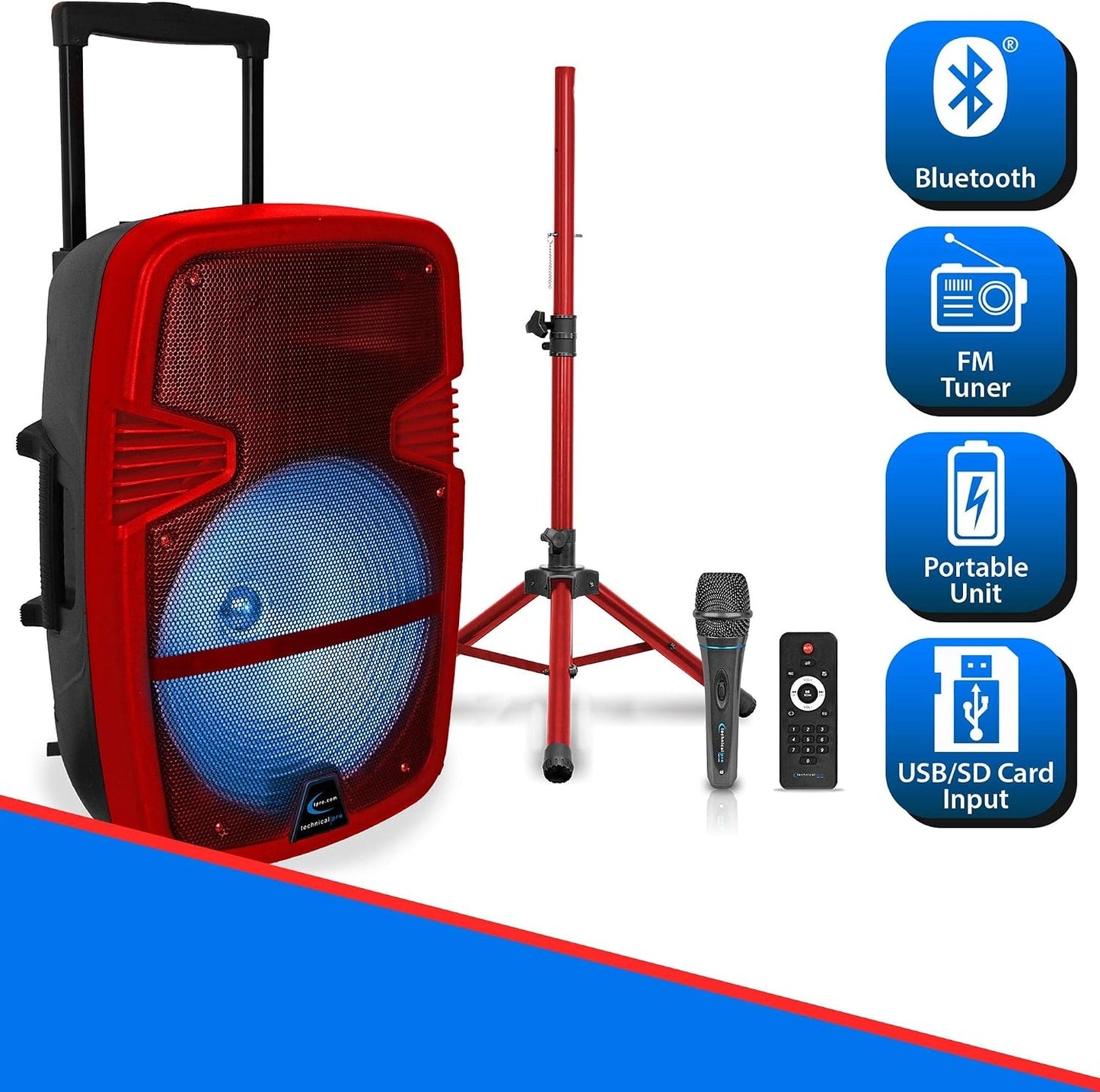 Technical Pro Red 15" Rechargeable Bluetooth LED Loudspeaker Package with Tripod & Microphone PARTY15RPKG2