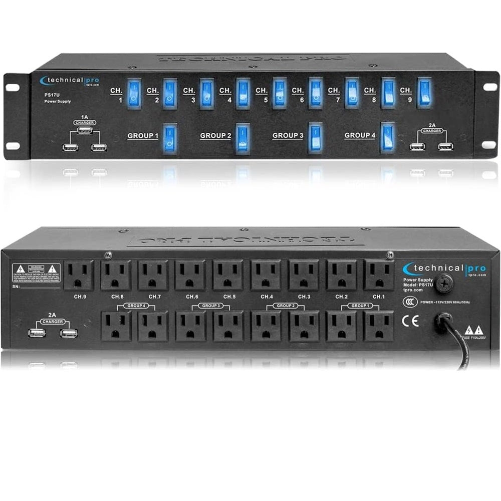 Technical Pro PS17U Rack Mount 17 Outlet Power Supply with 13 Switches, 1800W Surge Protector & USB Charging Ports