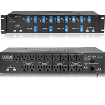 Technical Pro PS17U Rack Mount 17 Outlet Power Supply with 13 Switches, 1800W Surge Protector & USB Charging Ports
