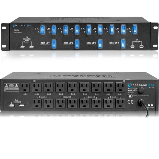 Technical Pro PS17U Rack Mount 17 Outlet Power Supply with 13 Switches, 1800W Surge Protector & USB Charging Ports