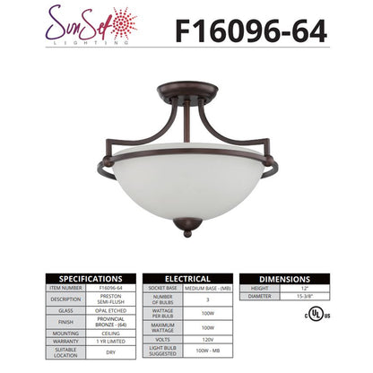 Sunset Lighting Preston 3-Light 20-1/2" Wide Semi-Flush Bowl Ceiling Fixture F16096-64