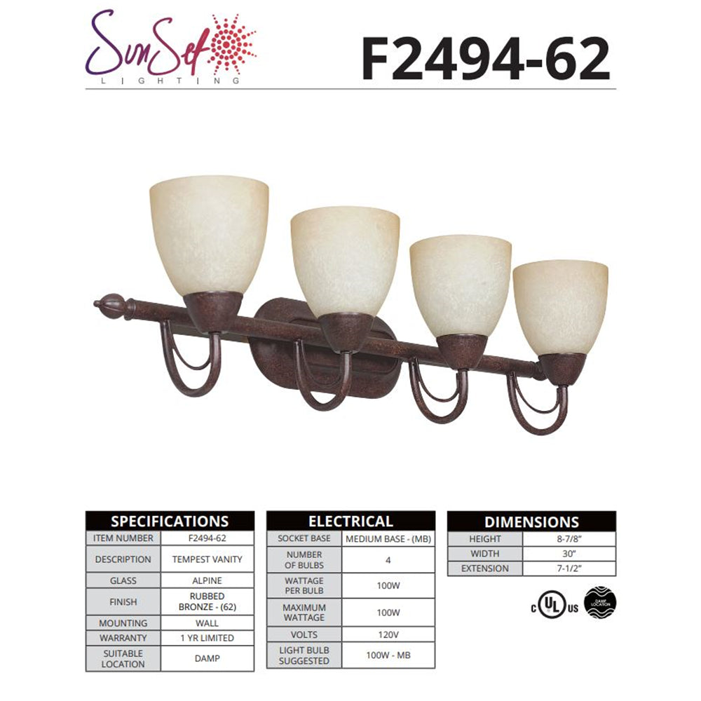 Sunset Lighting F2494-62 30" 4-light Vanity Alpine Glass, Rubbed Bronze Finish