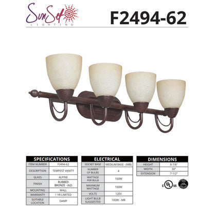 Sunset Lighting F2494-62 30" 4-light Vanity Alpine Glass, Rubbed Bronze Finish