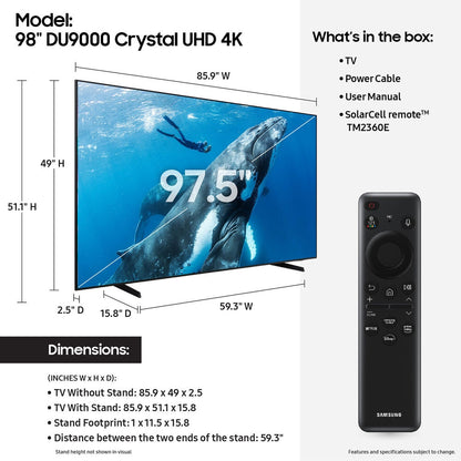 Samsung 98” Class DU9000 Series Crystal UHD Smart Tizen TV (2024) UN98DU9000FXZA