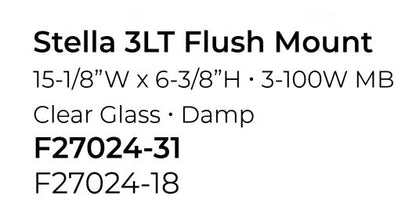 Luminance Stella Black 3 LT 100W Flush Mount Ceiling Light | Modern Metal Fixture Round Clear Glass Shade F27024-31