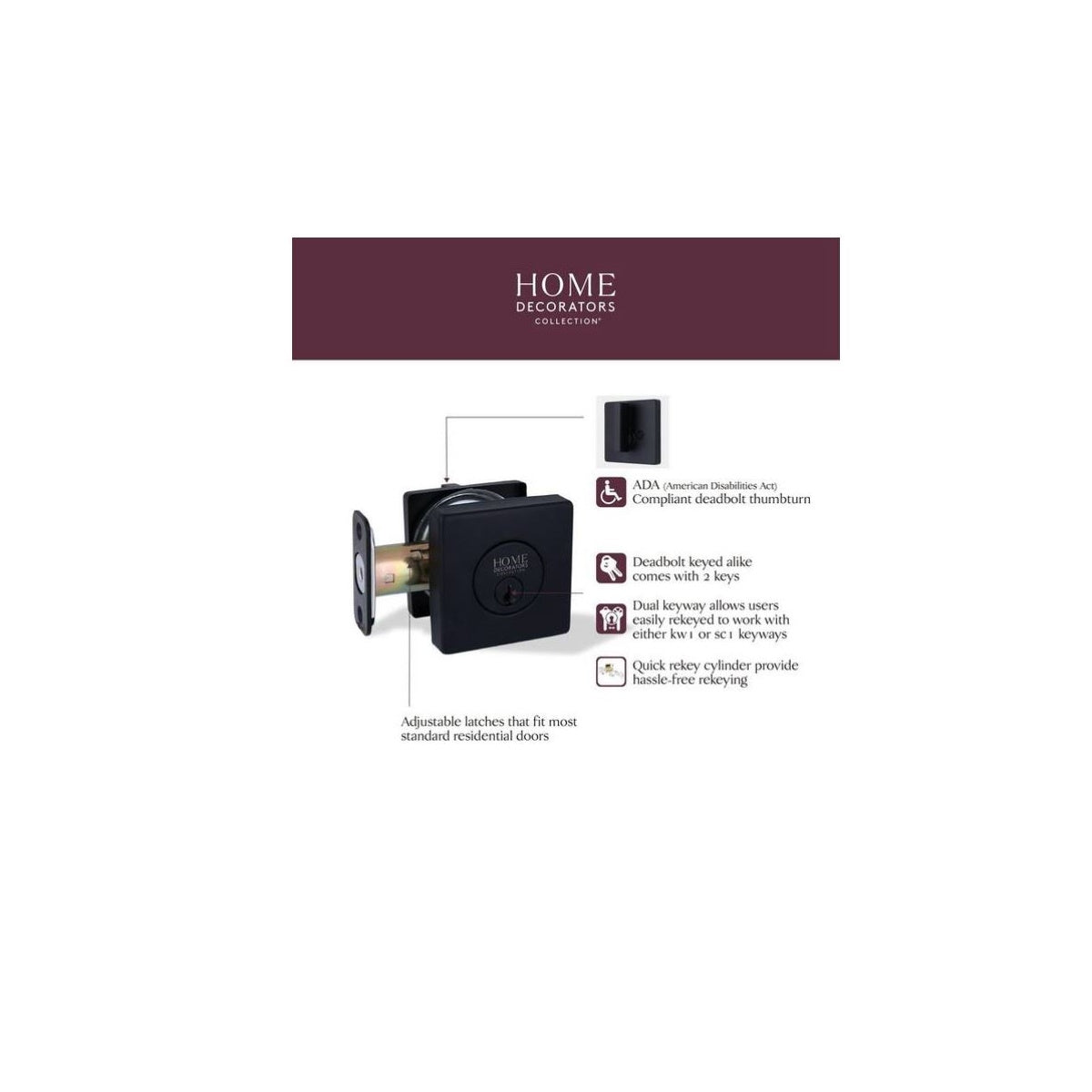 Square Matte Black Single Cylinder Deadbolt Featuring Dual Keyway DD2X91PXJ