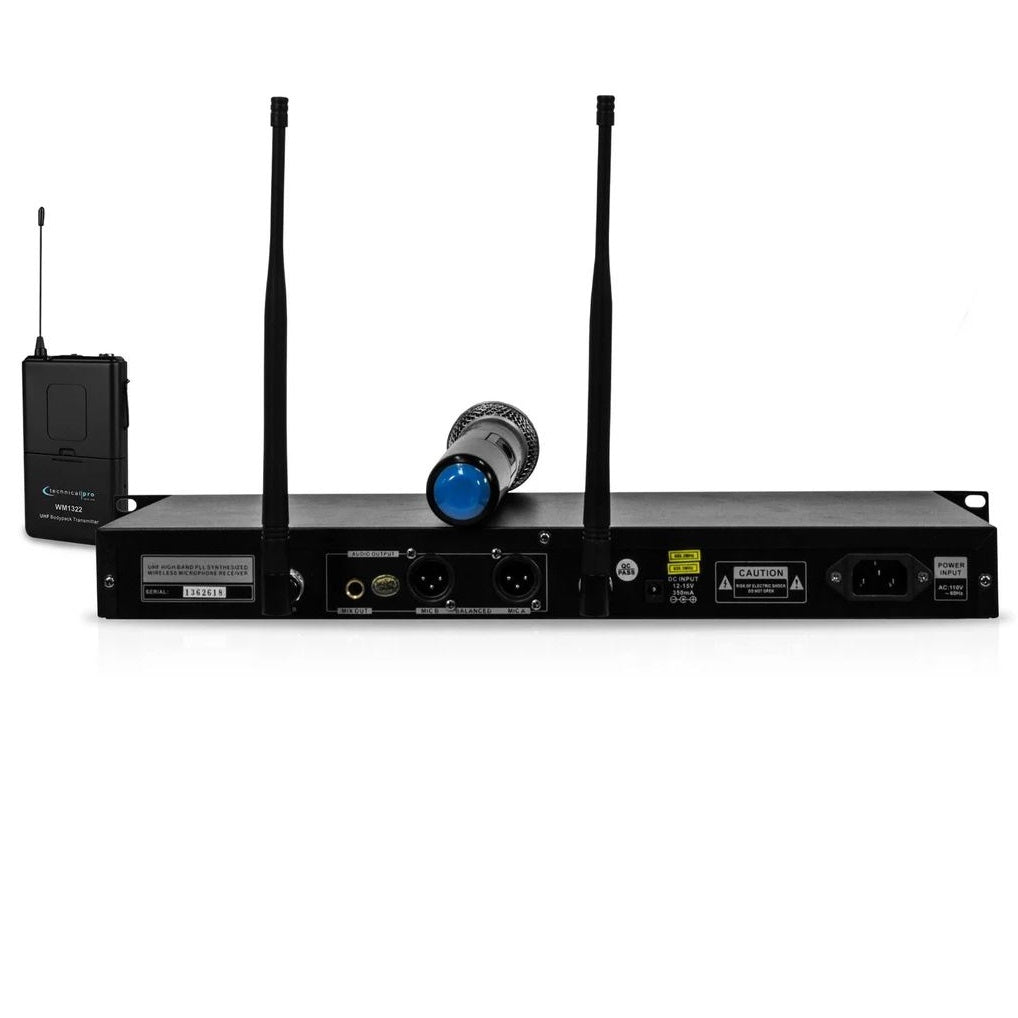 Technical Pro WM1322 Professional Dual UHF Wireless Handheld, Lapel & Headset Microphone System