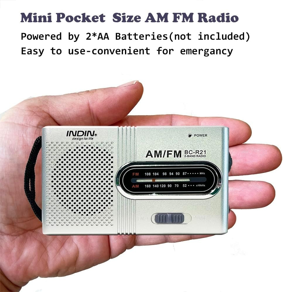 INDIN BC-R21 AM/FM Pocket Radio – Battery Operated Portable Radio with Built-in Loud Speaker