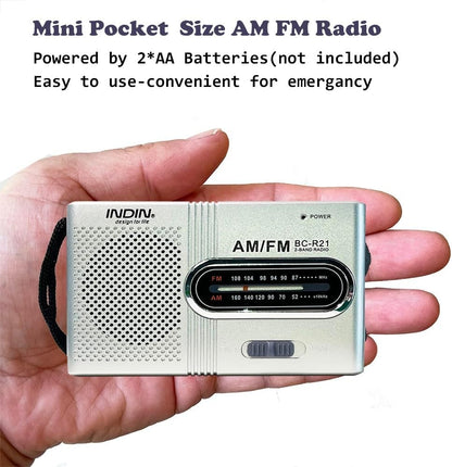 INDIN BC-R21 AM/FM Pocket Radio – Battery Operated Portable Radio with Built-in Loud Speaker