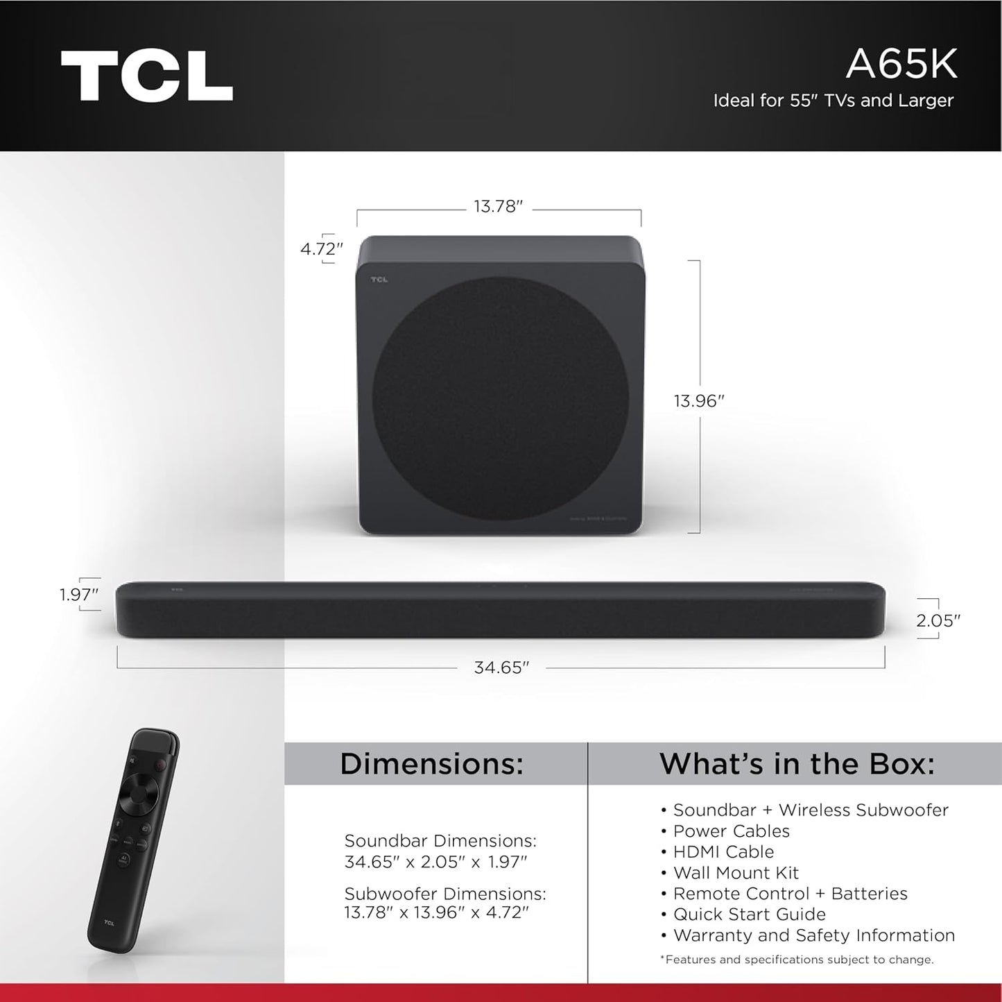 TCL - A65K 3.1.2 Channel Designer Series Sound Bar System with Wireless Subwoofer - Black