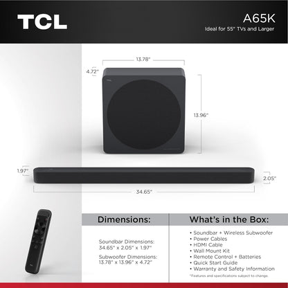 TCL - A65K 3.1.2 Channel Designer Series Sound Bar System with Wireless Subwoofer - Black