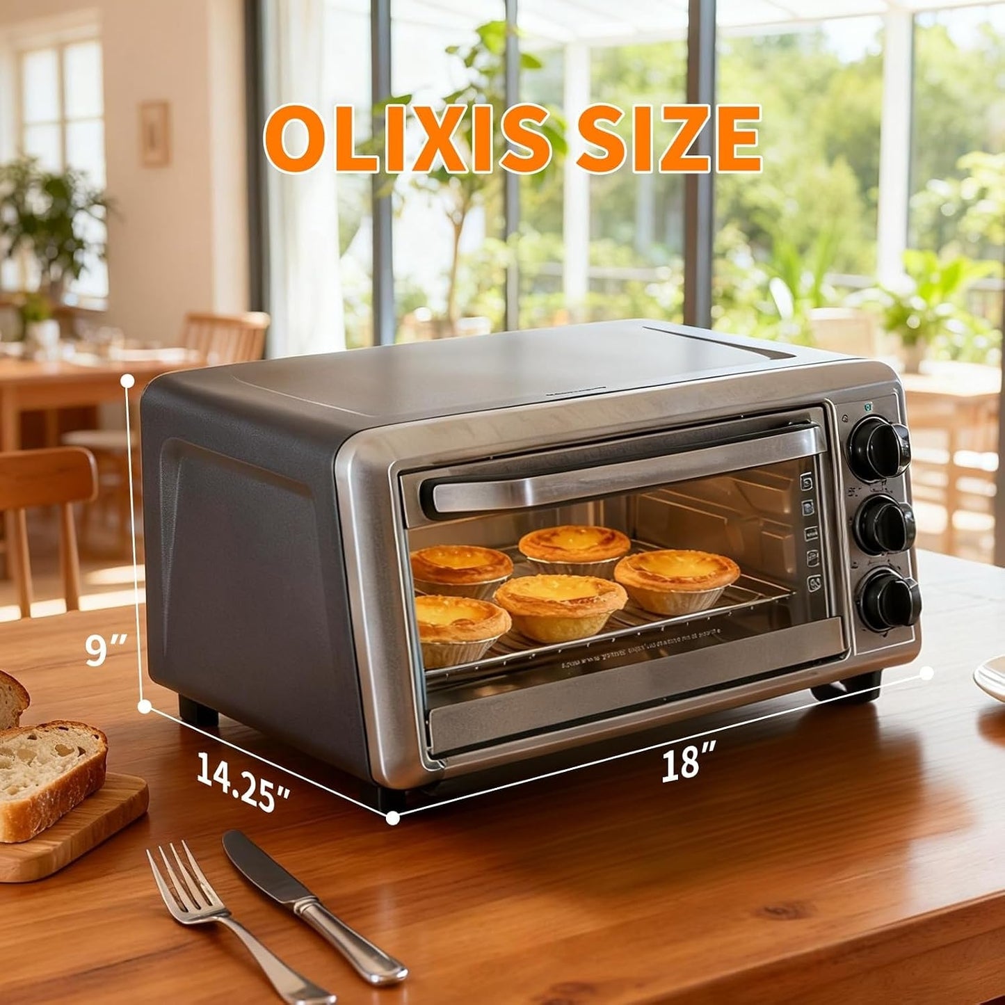 OLIXIS Toaster Ovens Countertop 19Quart, Up to 450°F, Bake, Toast, Broiler, Pizza and Warm, 1300W KX-P01-18L-SR