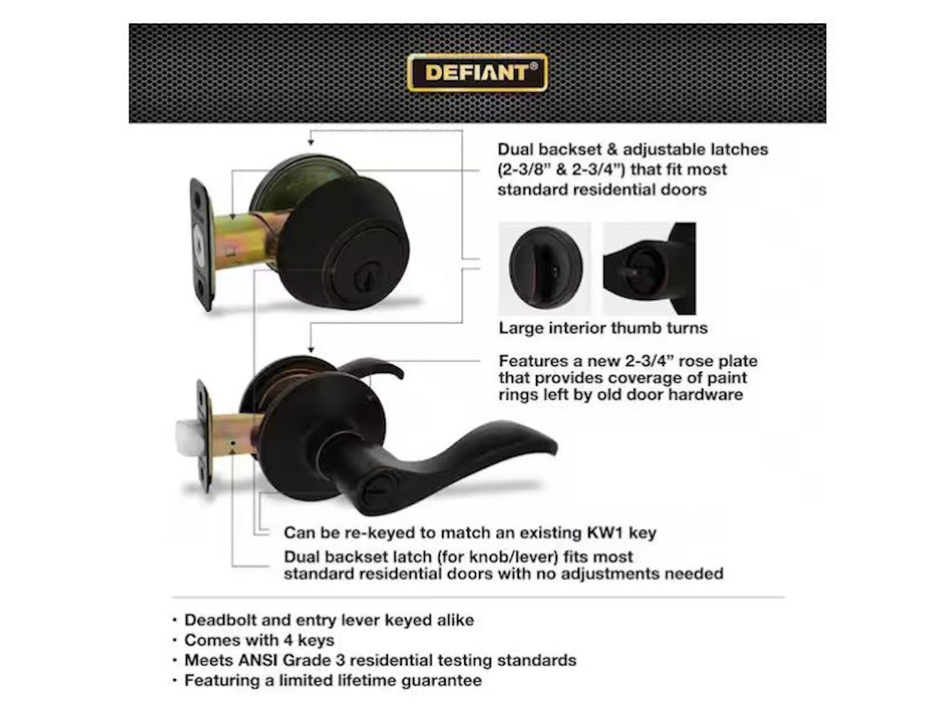 Defiant Naples Aged Bronze Combo Pack with Single Cylinder Deadbolt, ANSI Grade 3 (Good), Steel, for Residential
