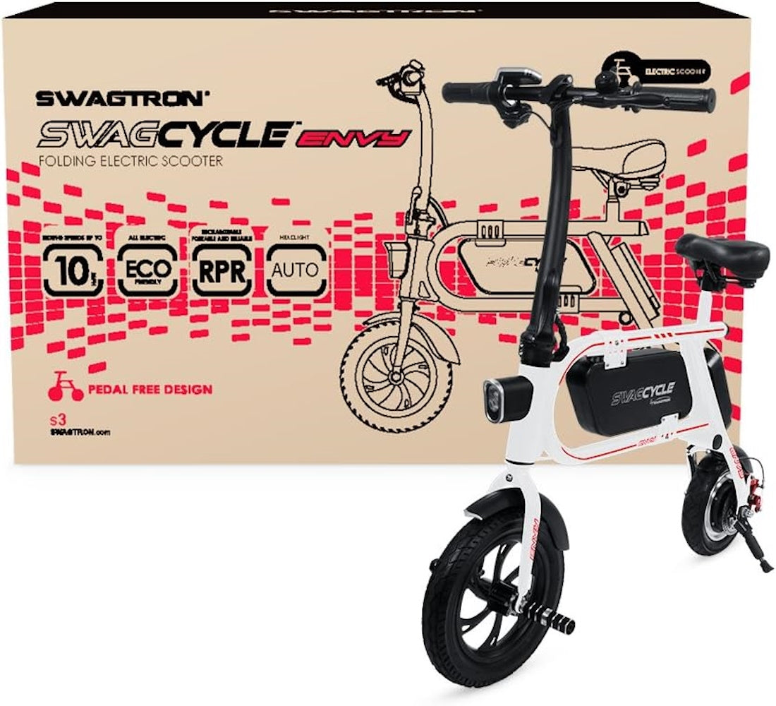 Swagtron SwagCycle SCE-1 Envy Steel Frame Folding Electric Bicycle e Bike w/ Automatic Headlight, Reach 10 mph; 264 lbs Max Load - White 36860-5