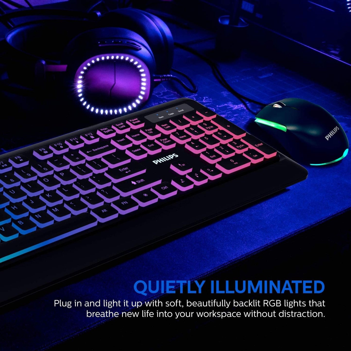 PHILIPS Elegant USB Keyboard and Mouse Combo | Low-Profile Full-Sized Keyboard, 3-Button Mouse w/RGB Light FX SPT8294