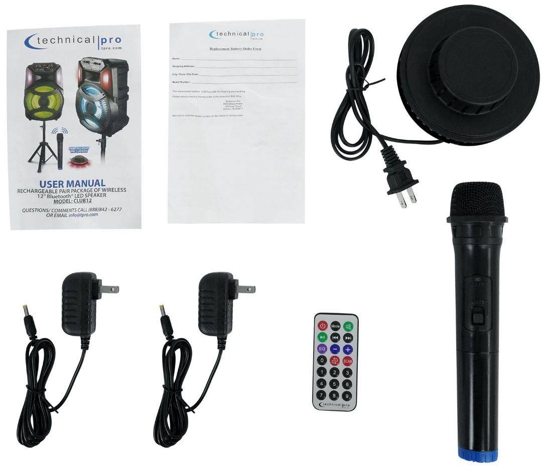 Technical Pro CLUB12 12" Rechargeable Bluetooth Speakers+Stands+Remote+Mic+Light