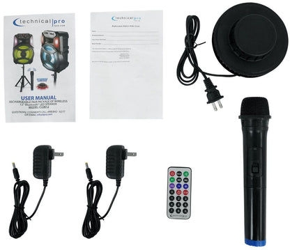 Technical Pro CLUB12 12" Rechargeable Bluetooth Speakers+Stands+Remote+Mic+Light