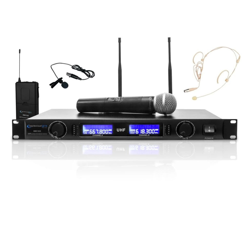 Technical Pro WM1322 Professional Dual UHF Wireless Handheld, Lapel & Headset Microphone System
