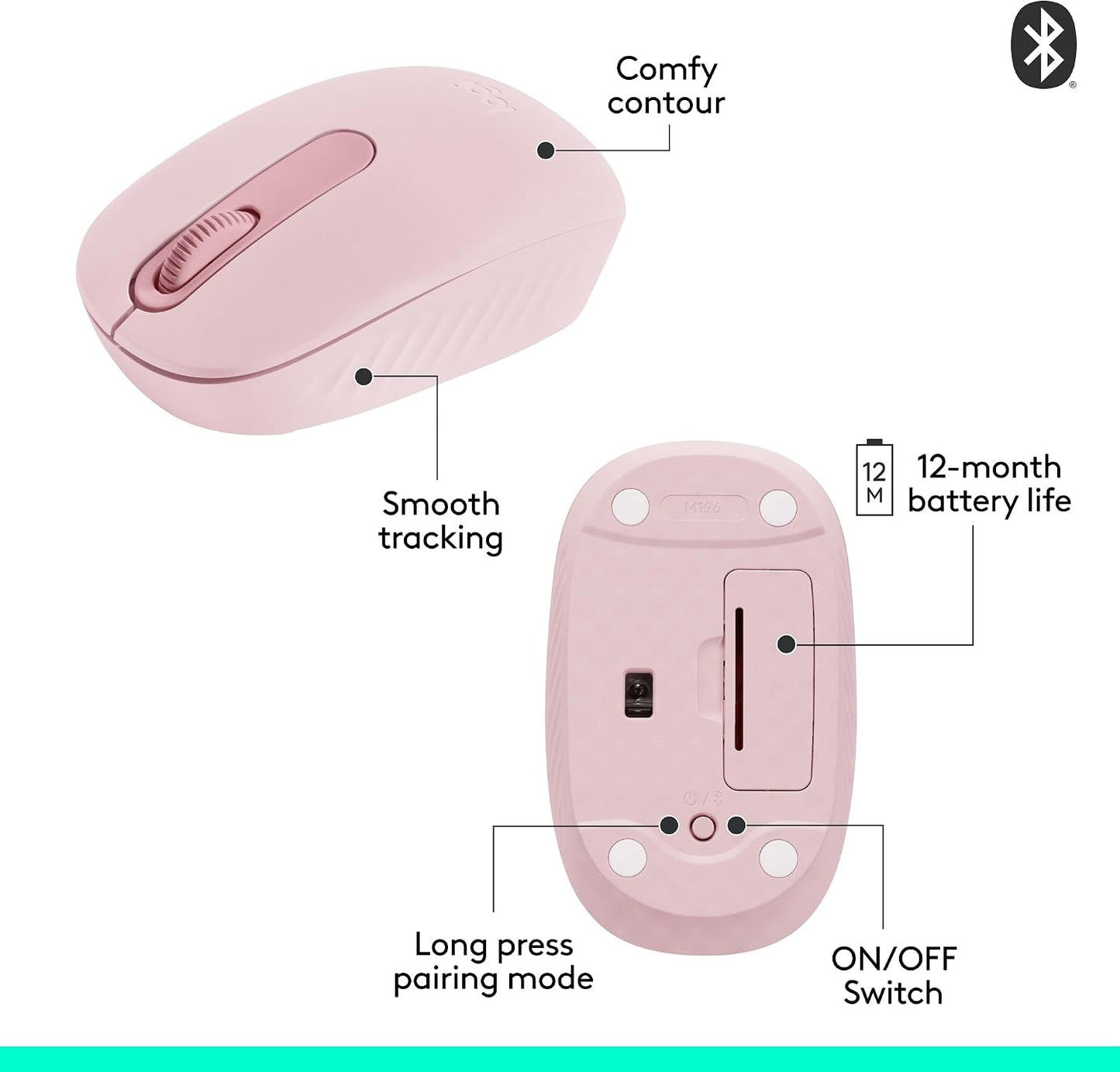 Logitech M196 Compact Ambidextrous Bluetooth Wireless Mouse - Rose 910-007439