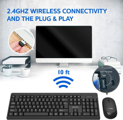 Philips SPT6324 Wireless Keyboard and Mouse Combo | Ambidextrous, Low-Profile | Adjustable DPI Mouse, Full-Sized Keyboard