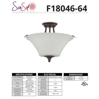 LUMINANCE Semi Flush Mount Darby 3-Light 100W Provincial Bronze F18046-64