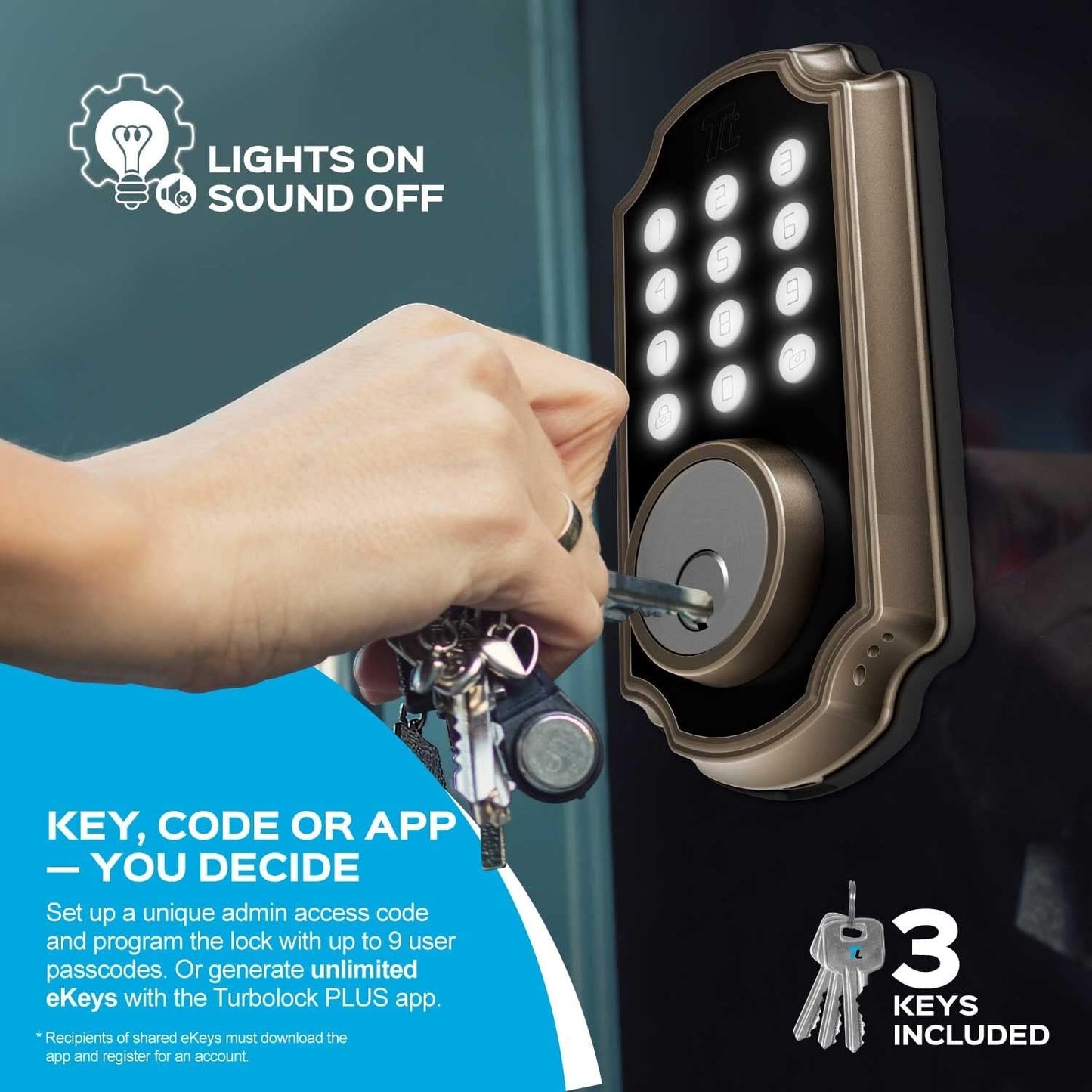 TurboLock Bronze Smart Lock Lighted Keypad Single Cylinder Electronic Knob