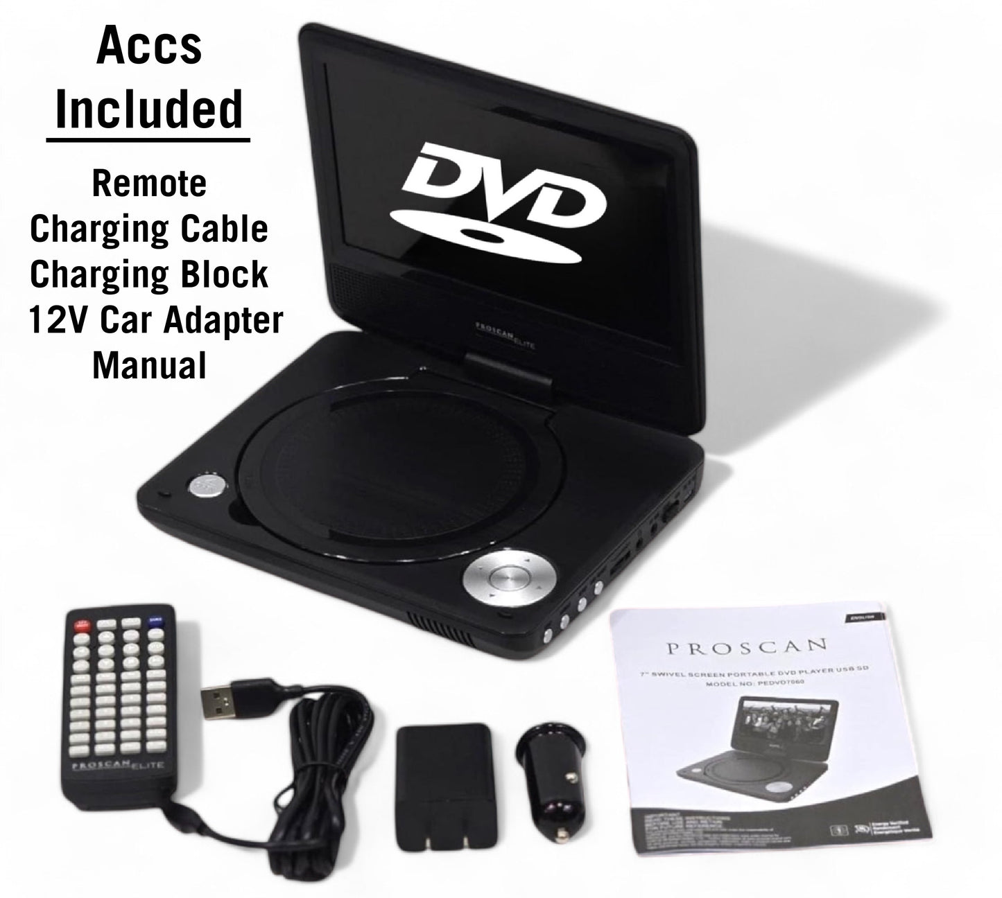 Proscan Elite Portable 7" Swivel Screen DVD Player SD Card 2.5 Battery PEDVD7060