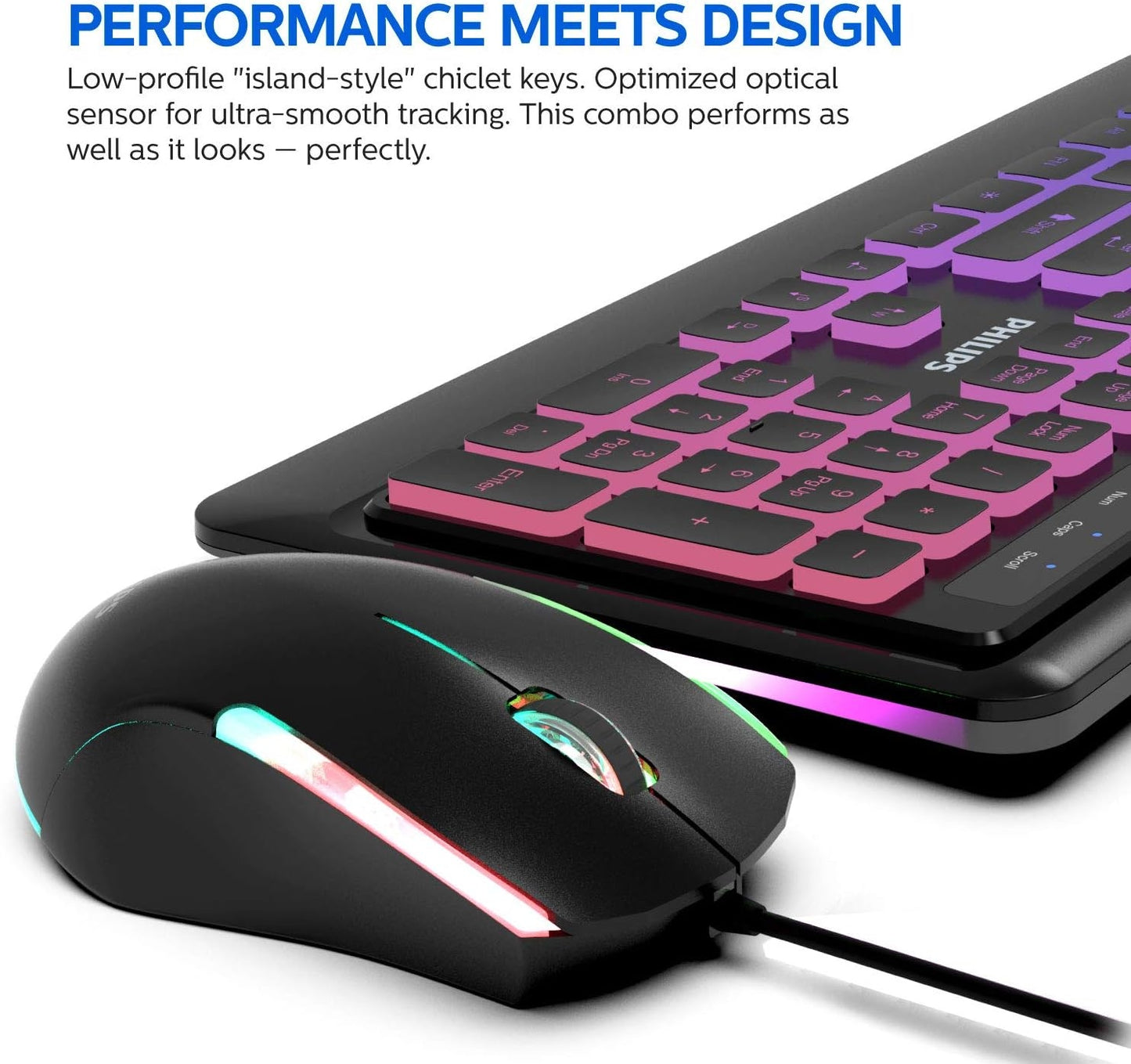PHILIPS Elegant USB Keyboard and Mouse Combo | Low-Profile Full-Sized Keyboard, 3-Button Mouse w/RGB Light FX SPT8294