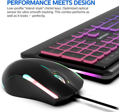 PHILIPS Elegant USB Keyboard and Mouse Combo | Low-Profile Full-Sized Keyboard, 3-Button Mouse w/RGB Light FX SPT8294
