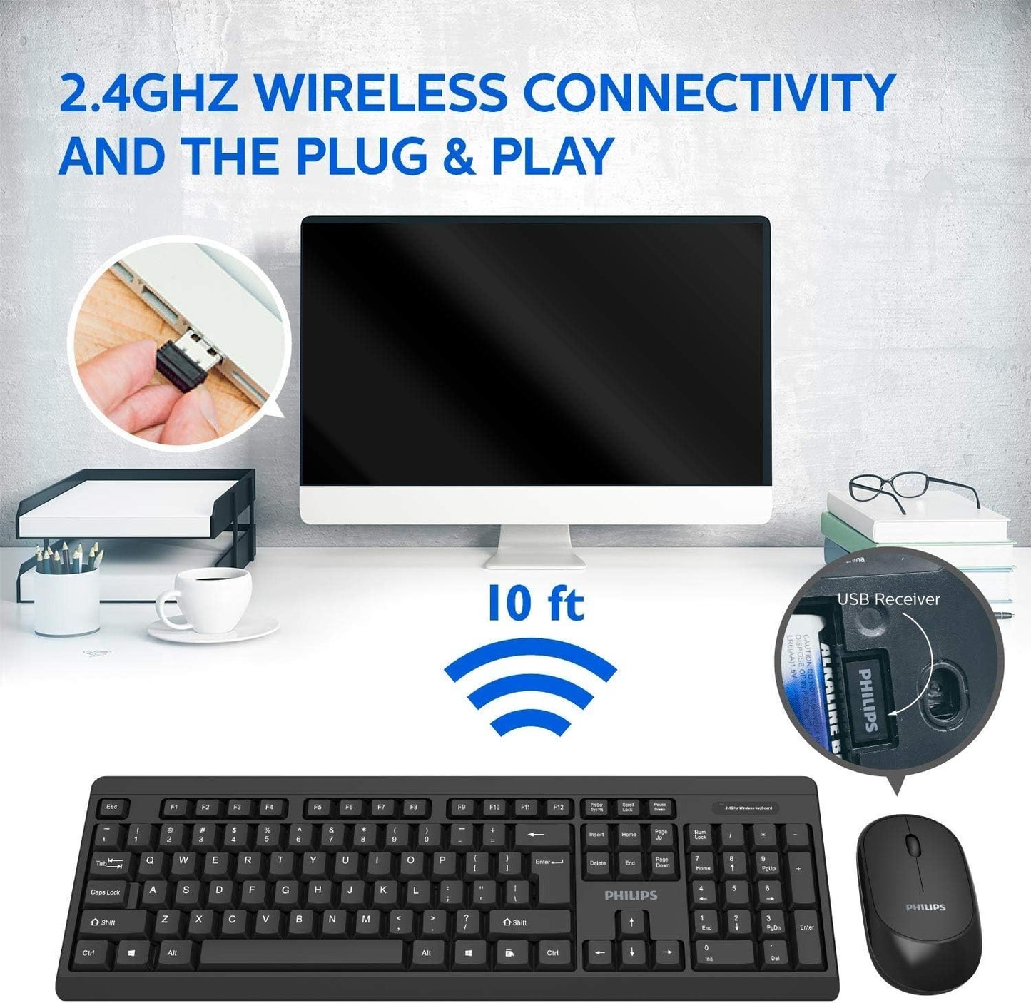 Philips SPT6324 Wireless Keyboard and Mouse Combo | Ambidextrous, Low-Profile | Adjustable DPI Mouse, Full-Sized Keyboard