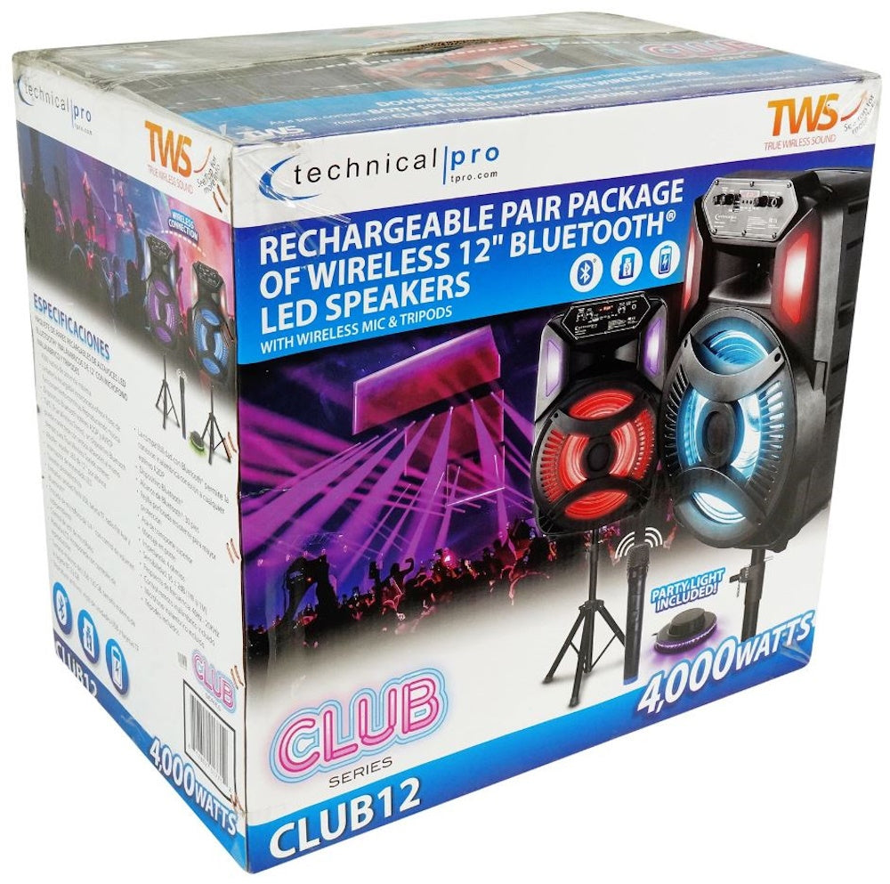 Technical Pro CLUB12 12" Rechargeable Bluetooth Speakers+Stands+Remote+Mic+Light