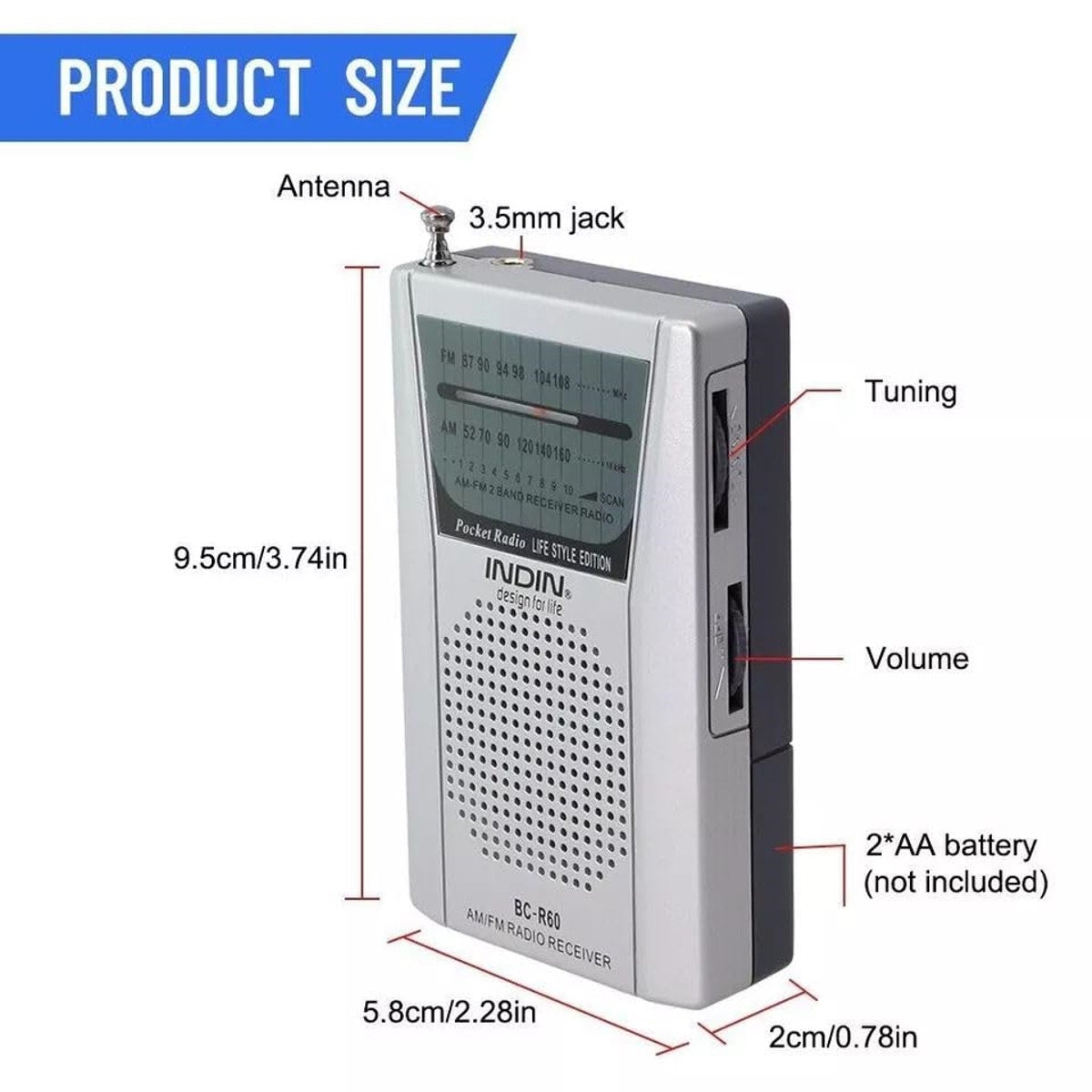 INDIN BC-R60 Portable AM/FM Radio, Manual Tune, Pocket Size, Built-In Speaker, 3.5mm Earphone Jack