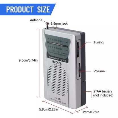 INDIN BC-R60 Portable AM/FM Radio, Manual Tune, Pocket Size, Built-In Speaker, 3.5mm Earphone Jack