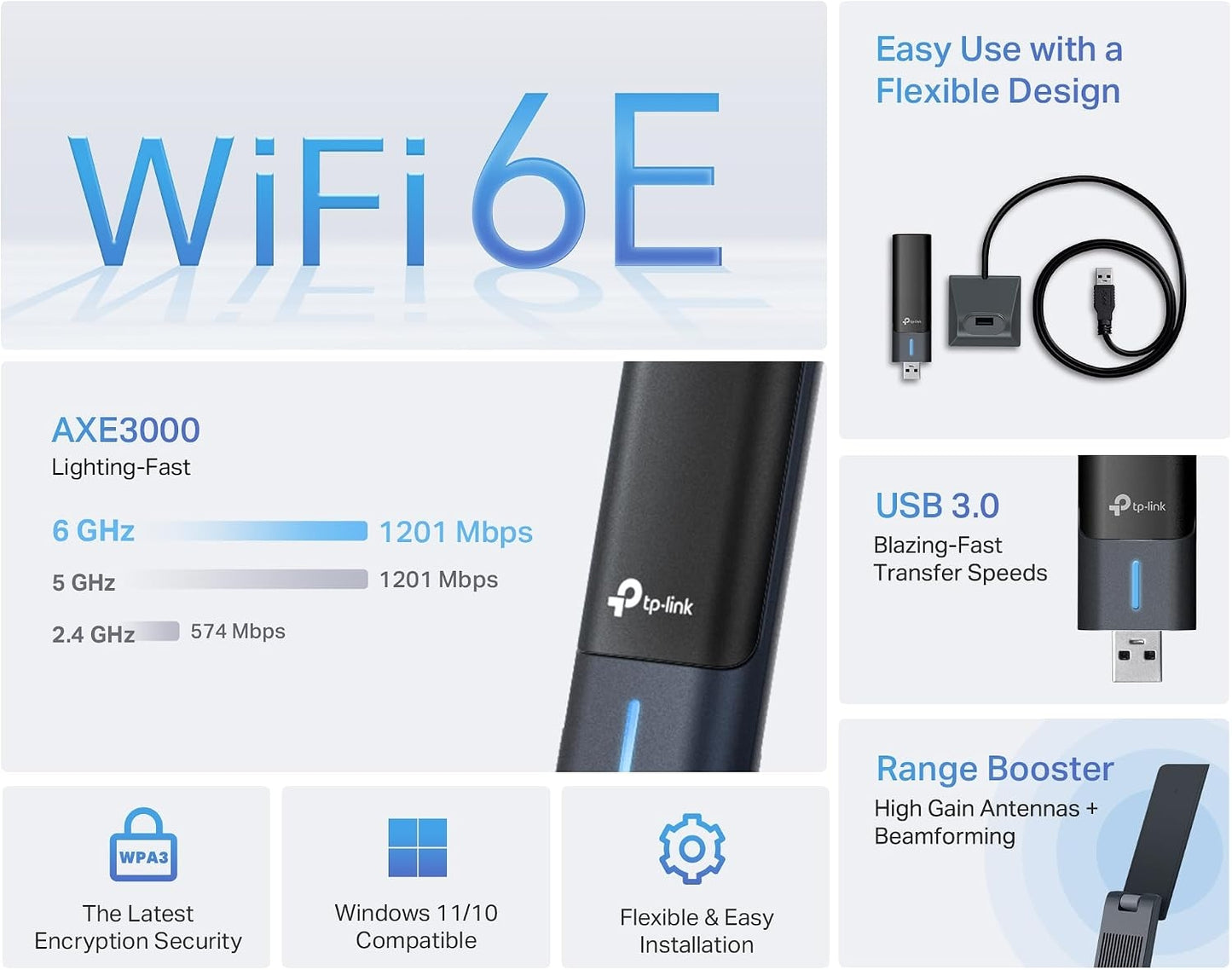 TP-Link Archer TXE50UH AXE3000 Tri-Band Wi-Fi 6E USB Adapter