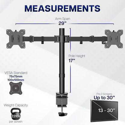 VIVO Dual Monitor Desk Mount, Holds 2 Computer Screens up to 30 inches and 22lbs Each Black, STAND-V002