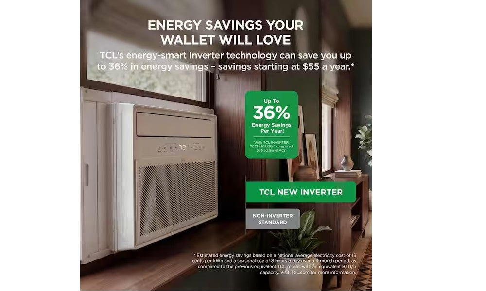 TCL 18,000 BTU Q-Series Ultra-Quiet Inverter Smart Window AC, Cools 1,000 Sq. Ft., with Wi-Fi, Remote T18WQ2S
