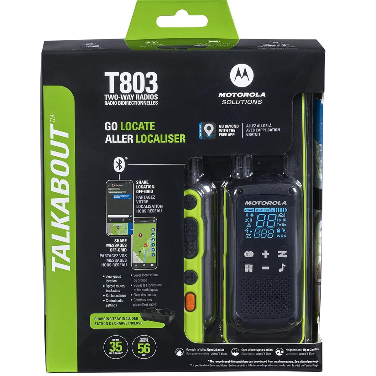 Motorola Solutions T803 Waterproof IP54 Two Way Radio Walkie Talkie 35 mi. Bluetooth w/Charging Dock 2-Pack Lime Green
