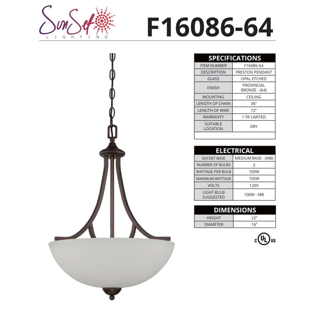 Luminance F16086-64 Pendant Preston 3-Lights 100W Provincial Bronze